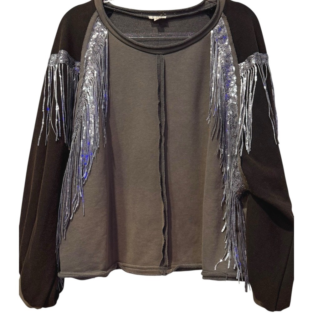 POL French Terry Sequin Silver‎ Fringe Crewneck Sweatshirt Oversized Boho Small